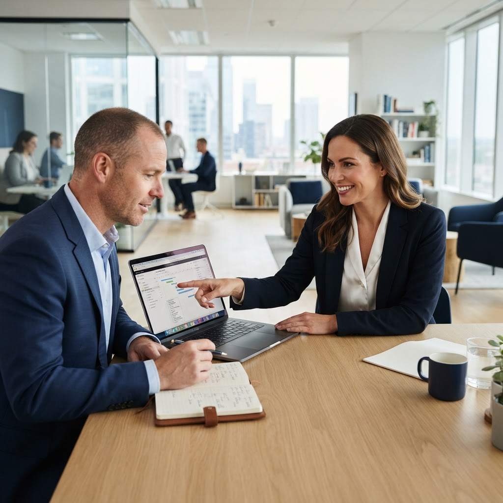 Two professionals reviewing a technology plan together in a bright office